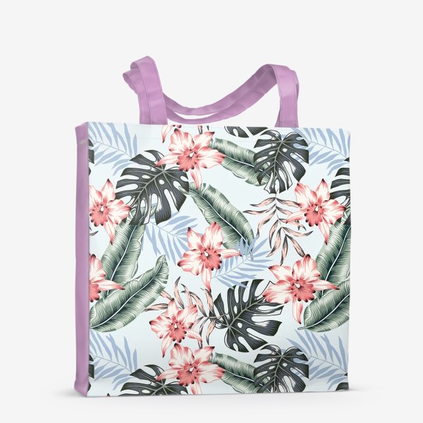 Сумка-шоппер «Тропические розовые орхидеи и пальмовые листья. Голубой фон»