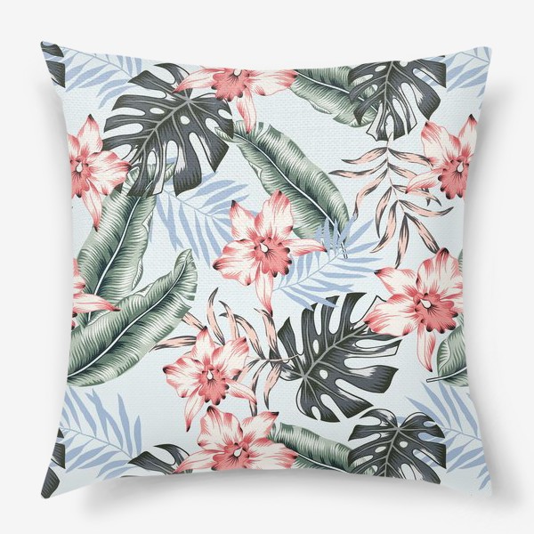 Подушка «Тропические розовые орхидеи и пальмовые листья. Голубой фон»