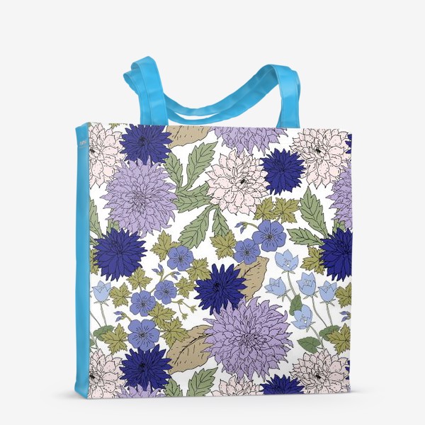 Сумка-шоппер «Синие и голубые цветы. Георгины, герань и колокольчики. Лето»