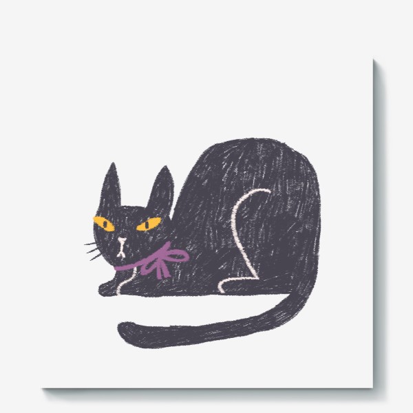 Холст «Черная кошка с лиловым бантом #1»