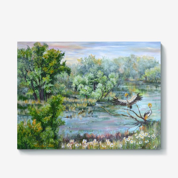 Холст «Летний пейзаж с рекой и журавлями»