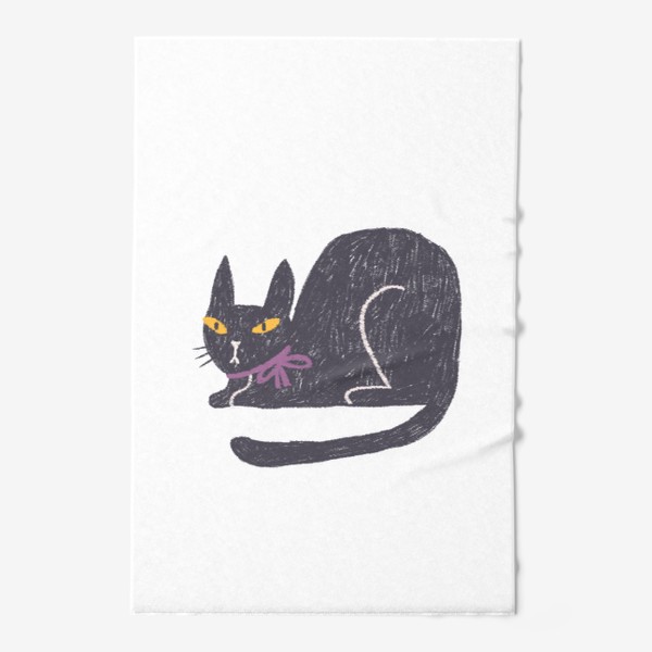 Полотенце «Черная кошка с лиловым бантом #1»
