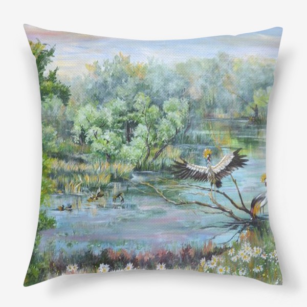 Подушка «Летний пейзаж с рекой и журавлями»