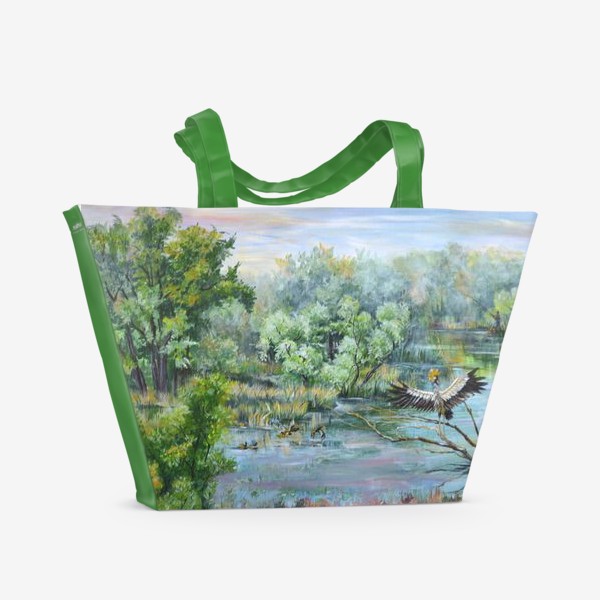 Пляжная сумка &laquo;Летний пейзаж с рекой и журавлями&raquo;