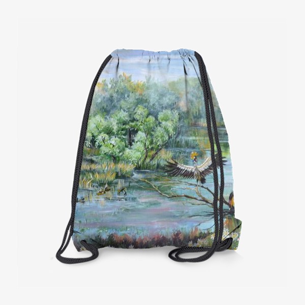 Рюкзак «Летний пейзаж с рекой и журавлями»