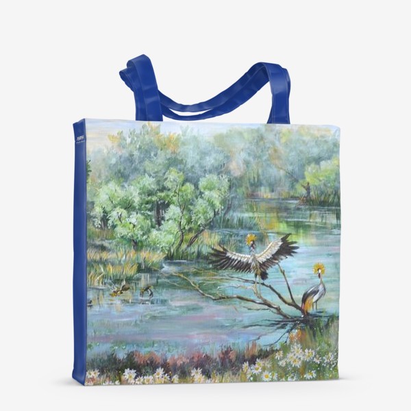 Сумка-шоппер «Летний пейзаж с рекой и журавлями»