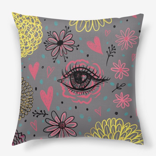 Подушка «Привлекательный паттерн с желтыми хризантемами и глазами. Принт с сердечками и цветами.»