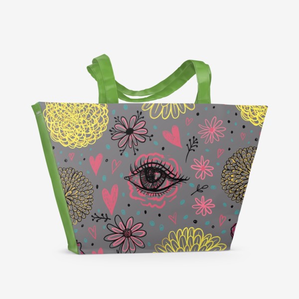 Пляжная сумка «Привлекательный паттерн с желтыми хризантемами и глазами. Принт с сердечками и цветами.»