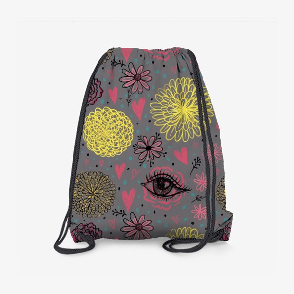 Рюкзак «Привлекательный паттерн с желтыми хризантемами и глазами. Принт с сердечками и цветами.»