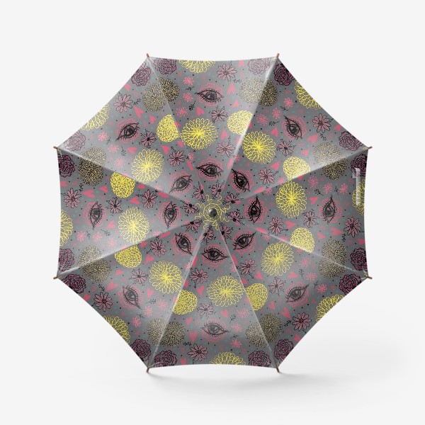 Зонт &laquo;Привлекательный паттерн с желтыми хризантемами и глазами. Принт с сердечками и цветами.&raquo;