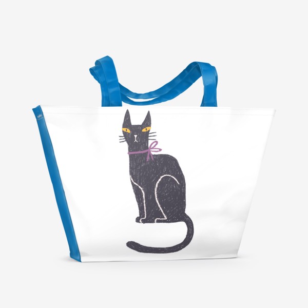 Пляжная сумка «Черная кошка с лиловым бантом #2»