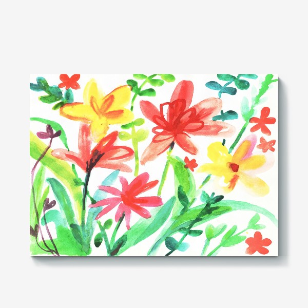 Холст &laquo;Летний луг, цветы, акварель. Акварельные яркие цветы, акварельная живопись цветы,живопись акварелью полевые цветы&raquo;