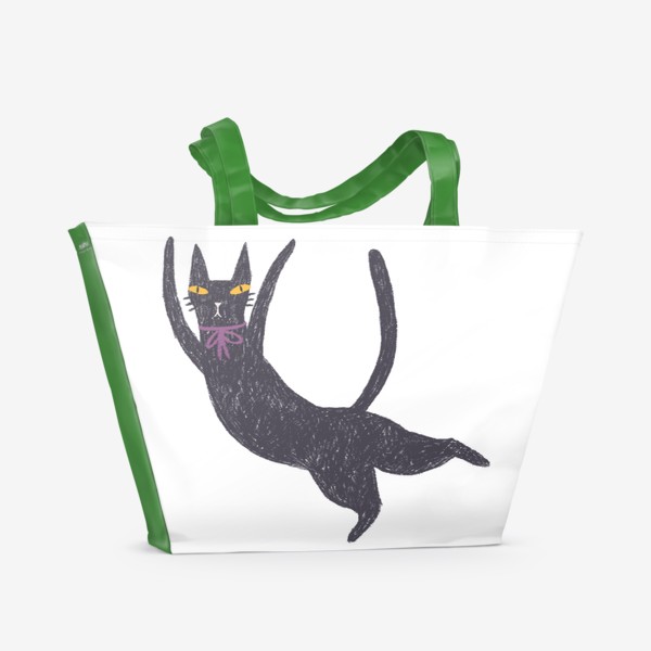 Пляжная сумка «Черная кошка с лиловым бантом #4»
