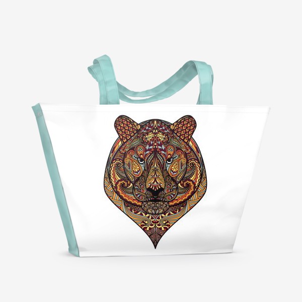 Пляжная сумка &laquo;Тигр  Цветная Узорчатая голова. Портрет тигра Рисунок с этническим орнаментом. Узор в стиле  дудлинг на морде животного&raquo;