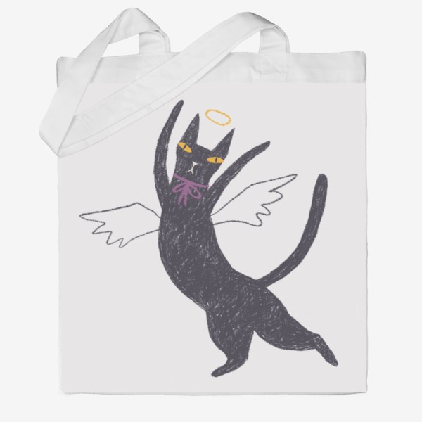Сумка хб «Черная кошка с лиловым бантом #5»