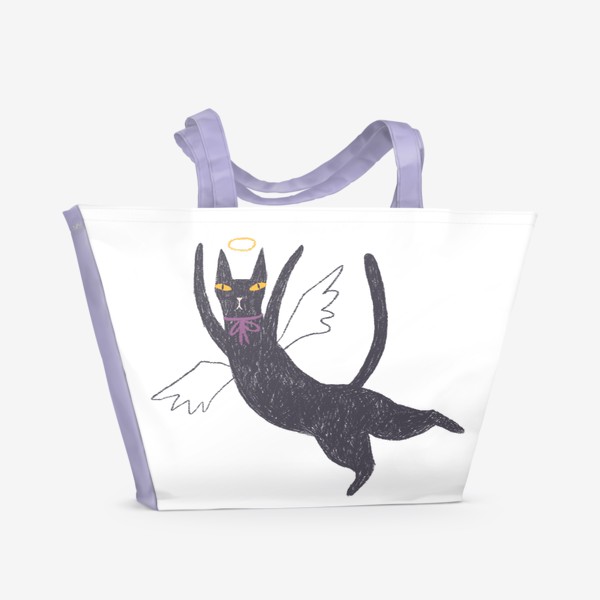 Пляжная сумка «Черная кошка с лиловым бантом #5»