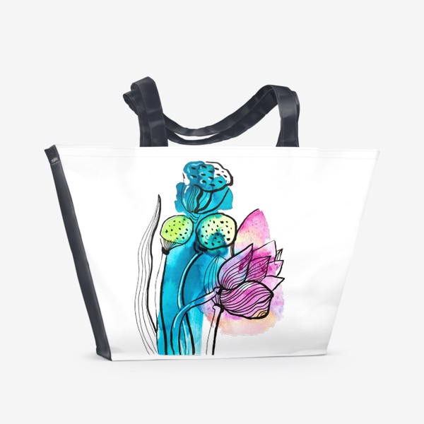 Пляжная сумка «Лотосы акварель и графика»