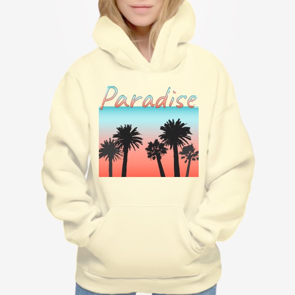Худи «Paradise, пальмы на закате с надписью»