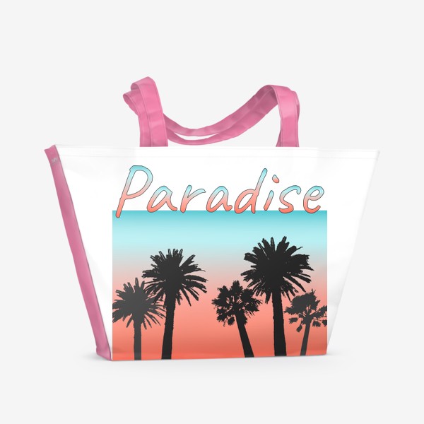 Пляжная сумка «Paradise, пальмы на закате с надписью»