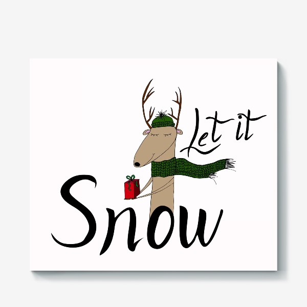 Холст «Олень с подарочком "Let it snow"»