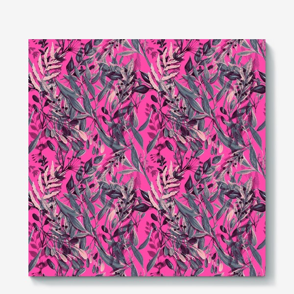 Холст «Стильный паттерн с акварельными цветами на розовом фоне»