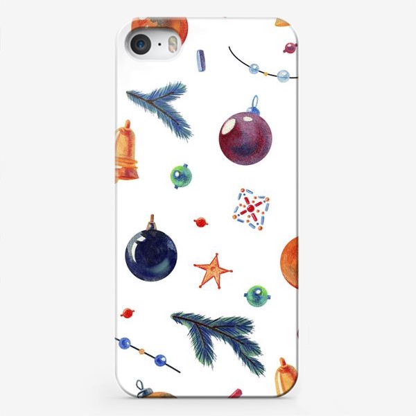 Чехол iPhone «новогодний узор с ветками ели и ёлочными шарами»