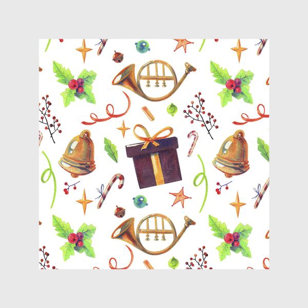 Скатерть «яркий новогодний узор с горном,омелой,подарками,бубенцами»