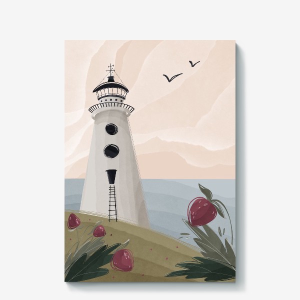 Холст «Летний маяк с клубникой. Акварель»