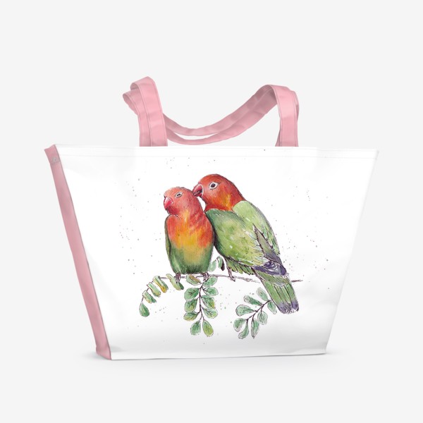 Пляжная сумка «Птицы неразлучники. Влюблённые. Любовь. Летний принт. Семья.»