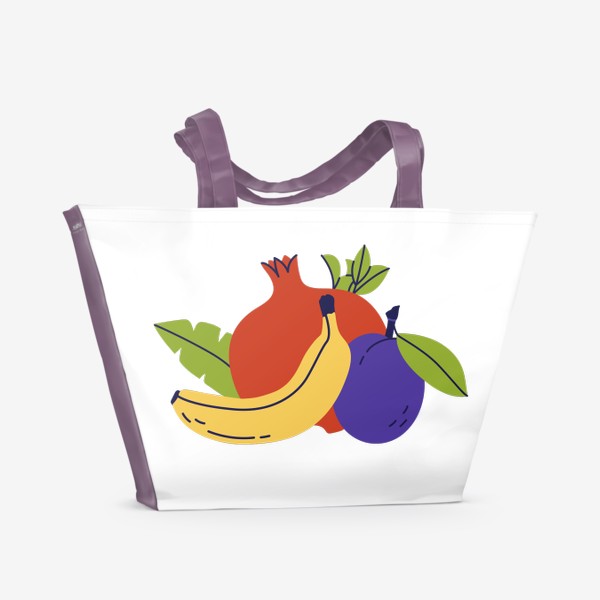 Пляжная сумка «Свежие фрукты, нарисованные в современном трендовом стиле. Гранат, банан и чернослив»
