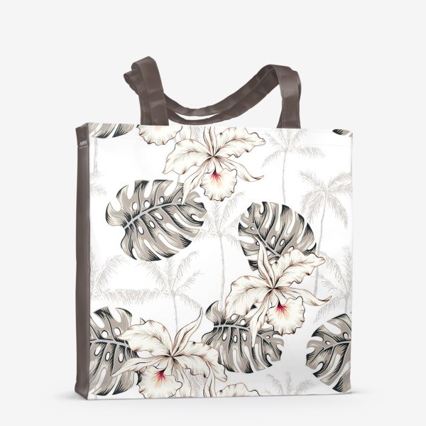 Сумка-шоппер «Тропические белые орхидеи и листья монстеры на белом фоне с пальмовыми деревьями. Паттерн»