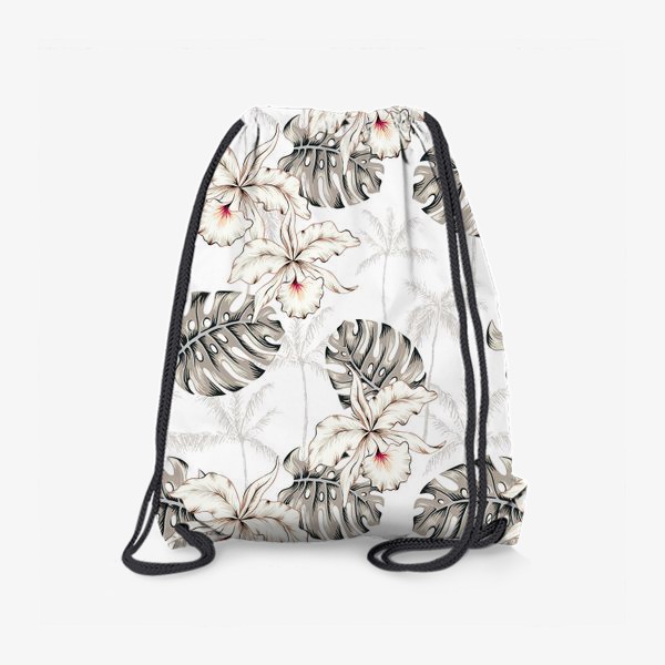 Рюкзак «Тропические белые орхидеи и листья монстеры на белом фоне с пальмовыми деревьями. Паттерн»