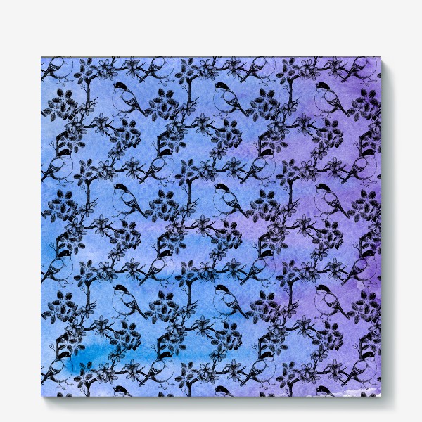 Холст «Птицы и цветы на акварельном сине-фиолетовом фоне»