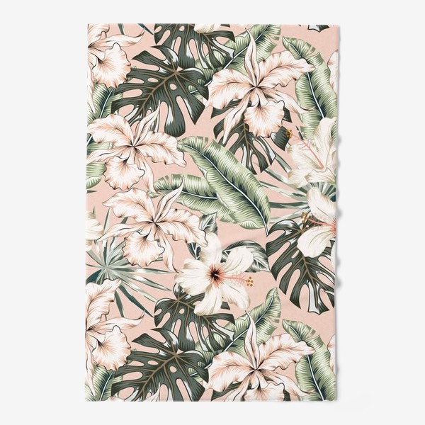 Полотенце «Тропические цветы и пальмовые листья. Розовые орхидеи и гибискусы. Паттерн»