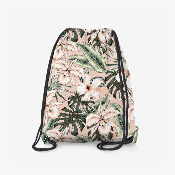 Рюкзак «Тропические цветы и пальмовые листья. Розовые орхидеи и гибискусы. Паттерн»