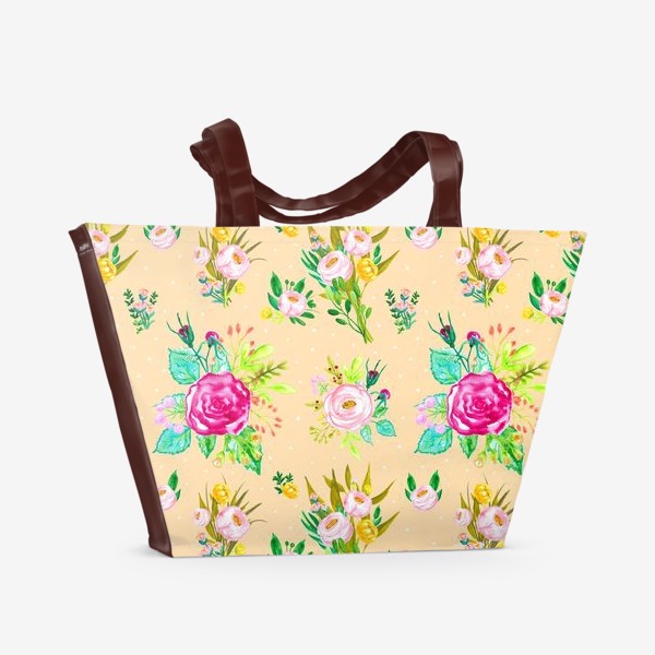 Пляжная сумка «Нежный акварельный паттерн с розами и эустомой»