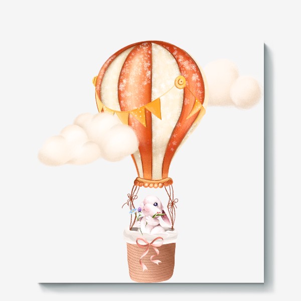 Холст &laquo;Акварельный заяц на воздушном шаре. Декор для ребенка в детскую. Плакат, постер, подарок&raquo;