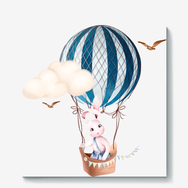 Холст «Акварельный заяц на воздушном шаре. Подарок для ребенка. Детский декор»