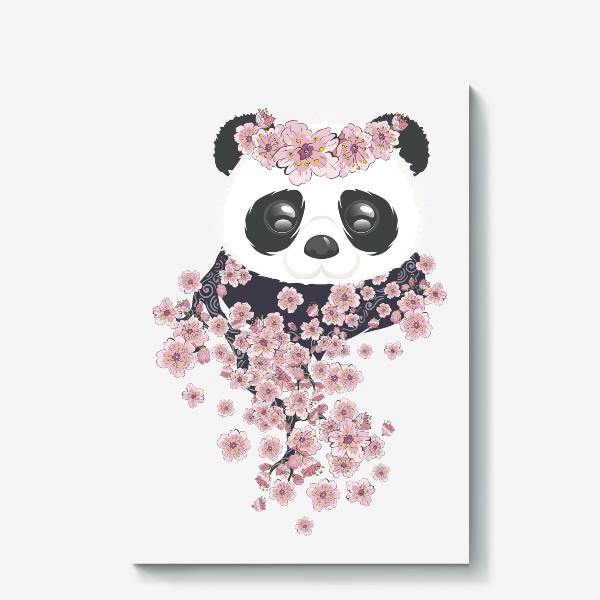 Холст «Панда и розовые цветы сакуры на ветвях»