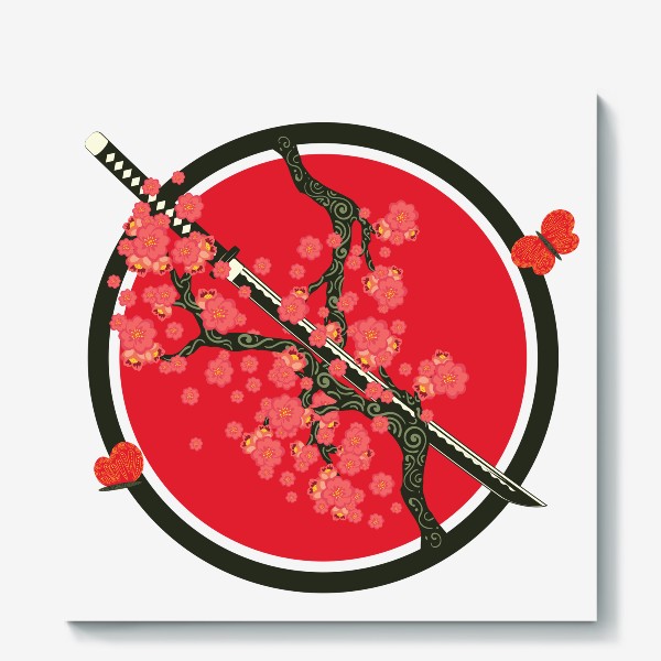 Холст &laquo;Японский меч катана и красные цветы на ветках&raquo;