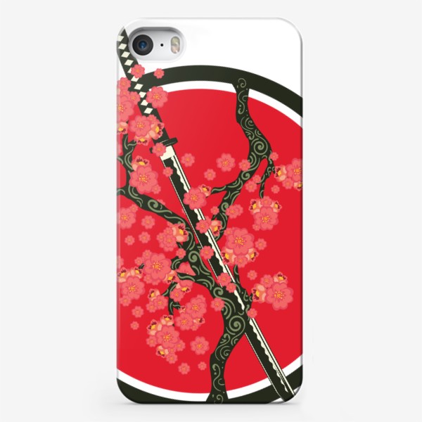 Чехол iPhone «Японский меч катана и красные цветы на ветках»