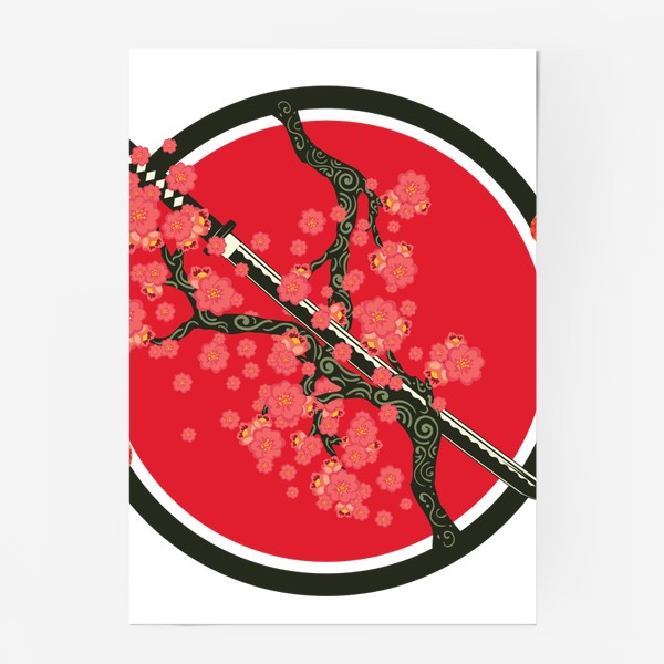 Постер &laquo;Японский меч катана и красные цветы на ветках&raquo;