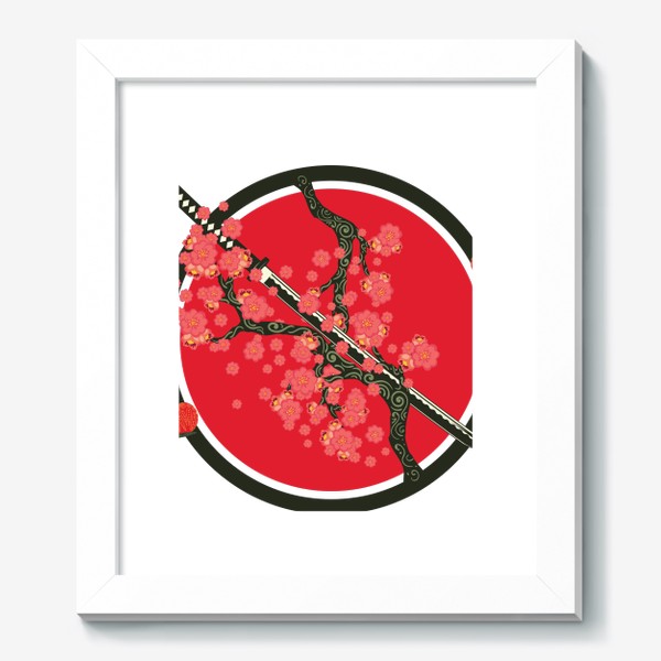 Картина «Японский меч катана и красные цветы на ветках»