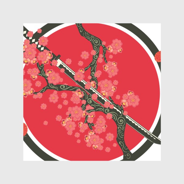 Скатерть «Японский меч катана и красные цветы на ветках»