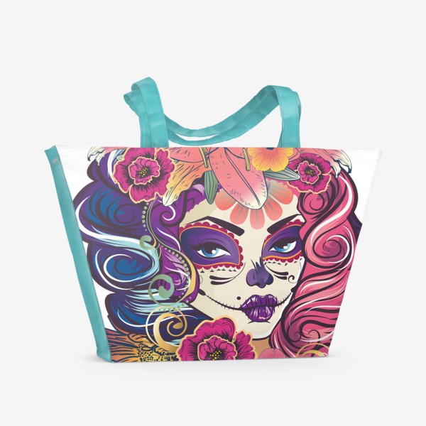 Пляжная сумка «Портрет девушки калавера в цветах sugar skull»
