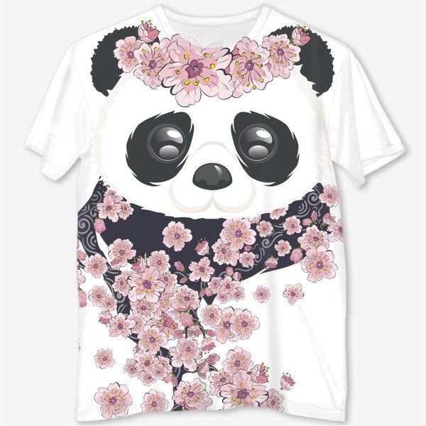 Футболка с полной запечаткой «Панда и розовые цветы сакуры на ветвях»