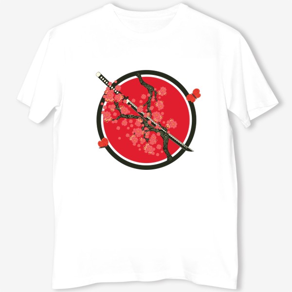 Футболка &laquo;Японский меч катана и красные цветы на ветках&raquo;