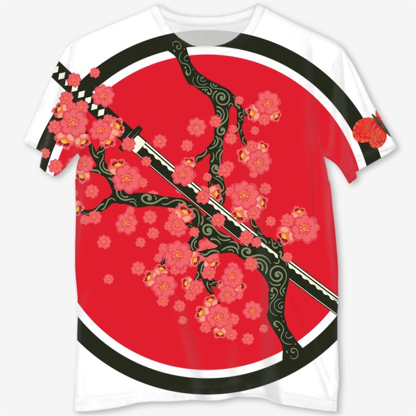 Футболка с полной запечаткой «Японский меч катана и красные цветы на ветках»