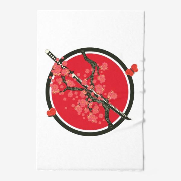 Полотенце &laquo;Японский меч катана и красные цветы на ветках&raquo;