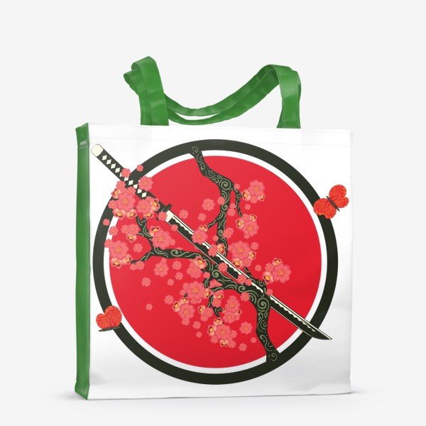 Сумка-шоппер &laquo;Японский меч катана и красные цветы на ветках&raquo;